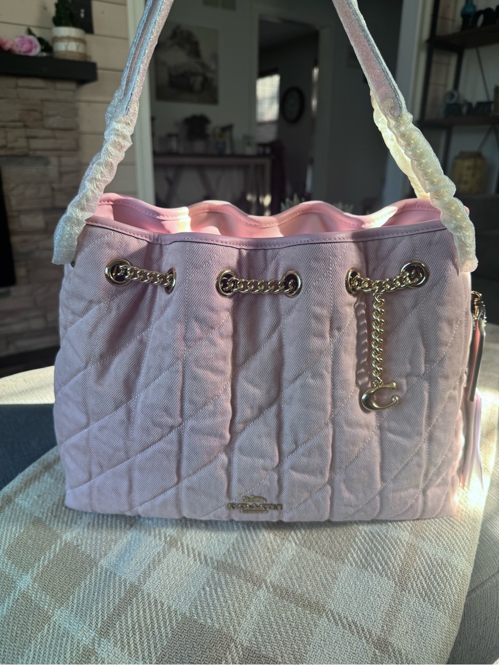 NEW COACH Evelyn Shoulder Bag in Pink Loved Denim with Quilting and Charm!